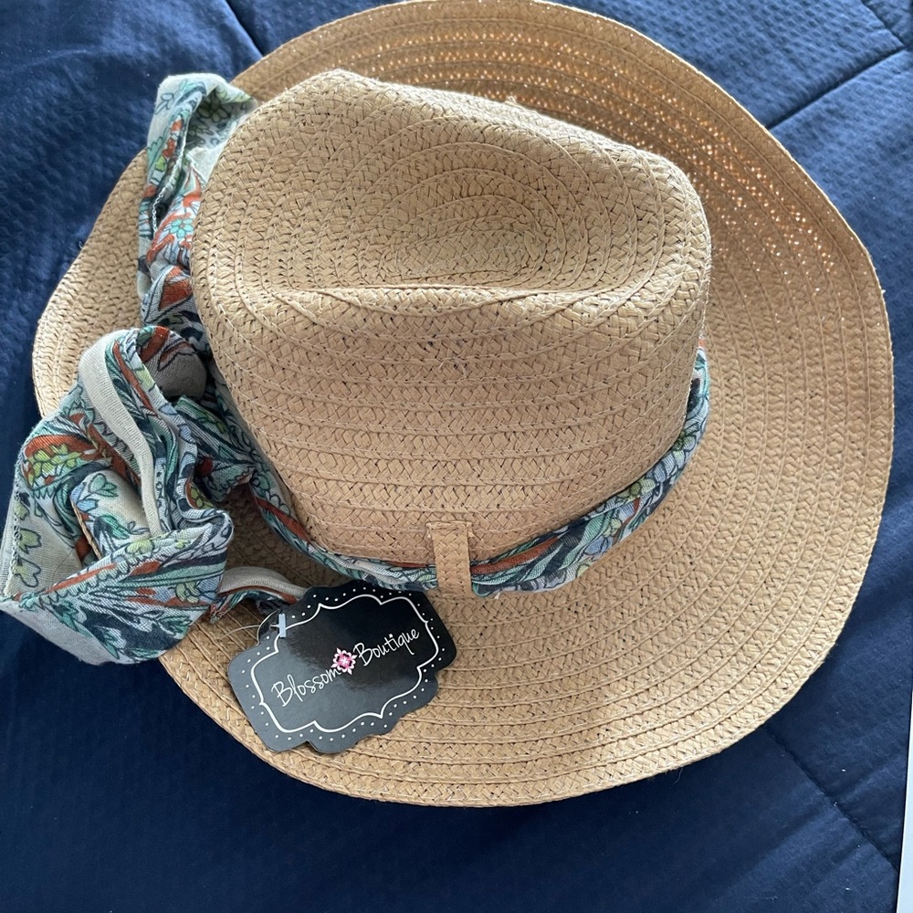 Blossom Boutique Straw Safari Sun Hat Paisley Cotton Band Scarf